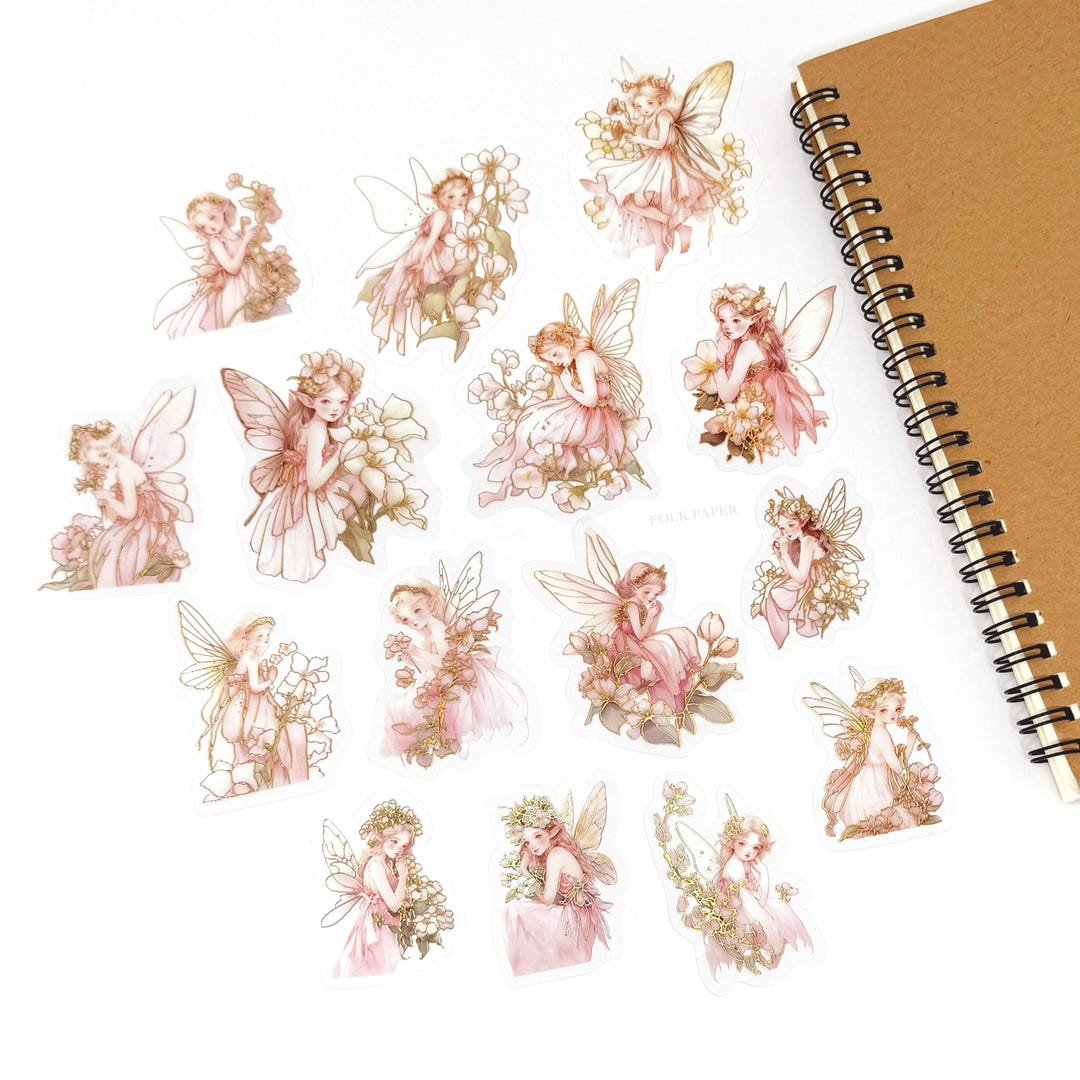 Pink Fairy Stickers Pack, 30 Pcs Gold Flower Fairies Journal Sticker ...