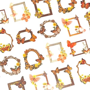 May include: A pattern of decorative frames in various shapes, decorated with orange and yellow butterflies and floral accents. The frames have a vintage aesthetic, with some featuring ornate gold detailing and others with a distressed, weathered look.