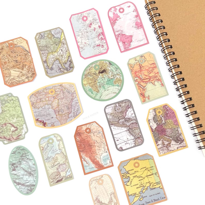 Vintage Travel Maps Tag Stickers Pack, 30 Pcs Map Travel Tags Scrapbook ...