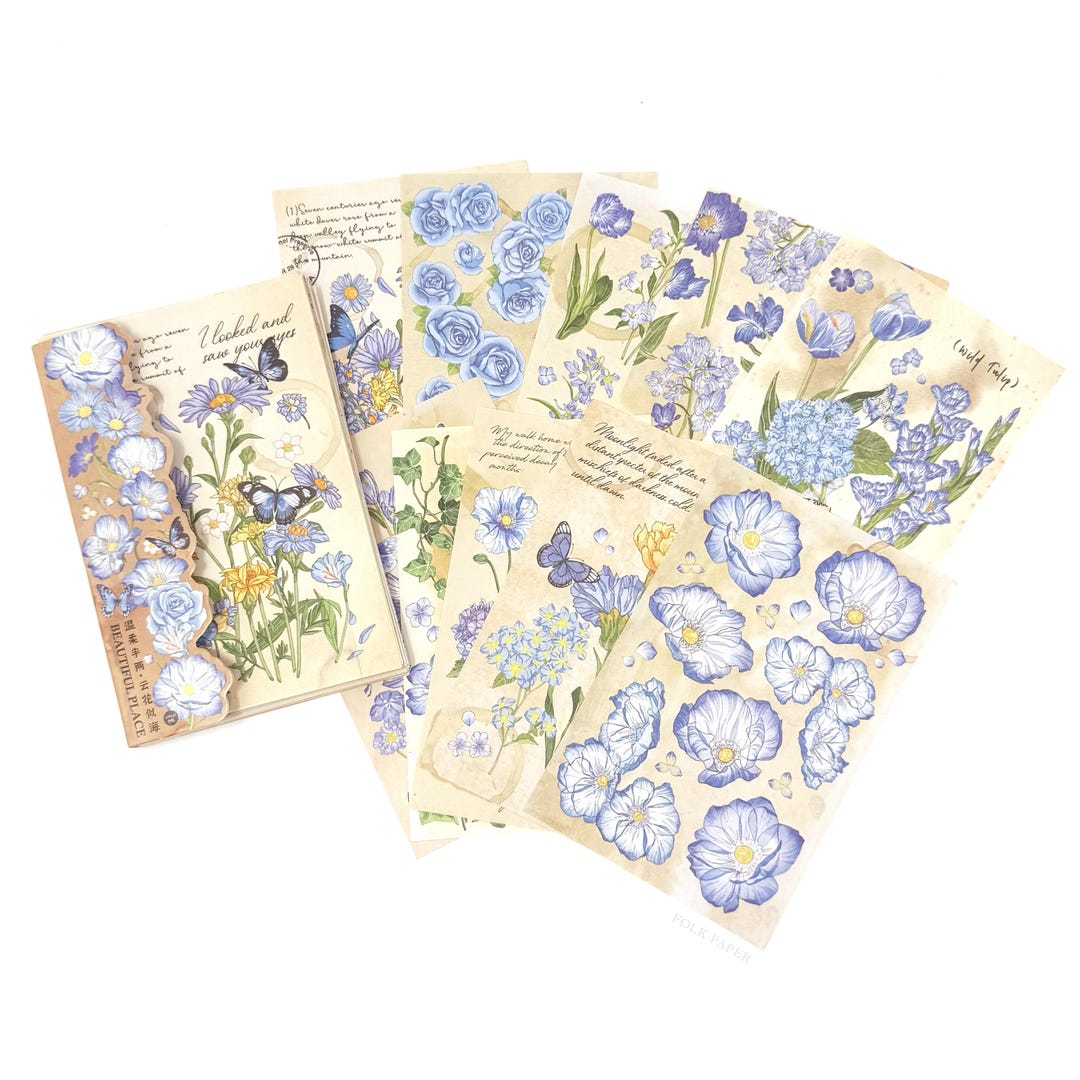 Vintage Floral Paper Ephemera Set, 60 Pcs Blue Flowers Scrapbook Papers ...
