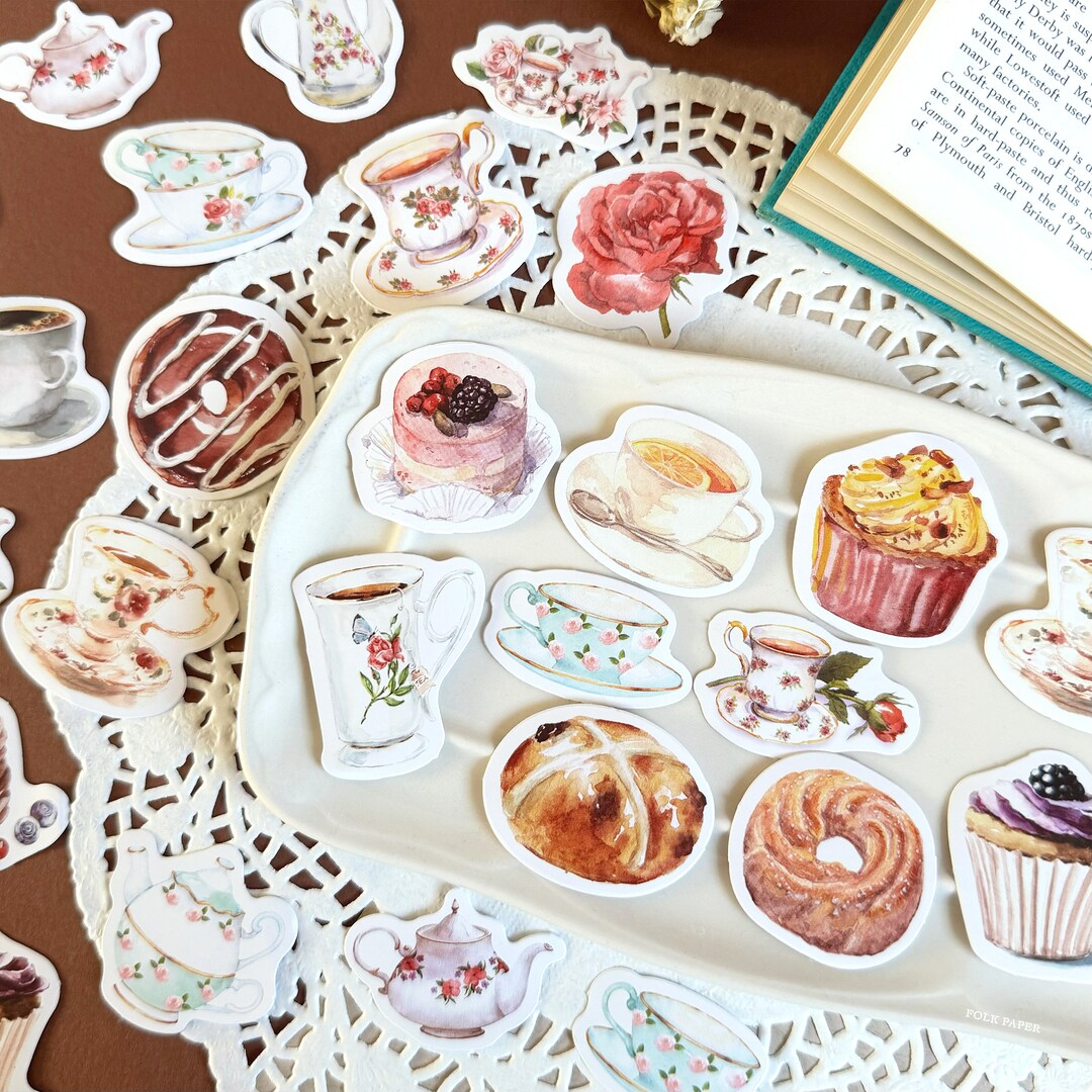 Afternoon Tea Stickers Pack, 46 Pcs Vintage Teacup and Cake Sticker Set ...