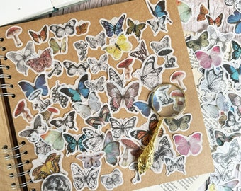 Vintage Butterfly Stickers Pack, 100 pcs Summer Butterflies Washi Sticker Set, Junk Journal Ephemera, Scrapbooking Supplies, Paper Crafts