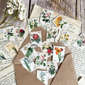 Vintage Floral Stamp Stickers Pack, 45 pcs Retro Botanical Flower Stickers, Junk Journal Decoration, Scrapbook Stickers, Letter Writing