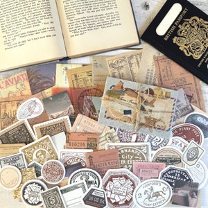 Vintage Travel Scrapbook Ephemera Sticker Set, 60 pcs Retro Maps & Stamps Collage Sticker Pack, Holiday Scrapbook Decoration