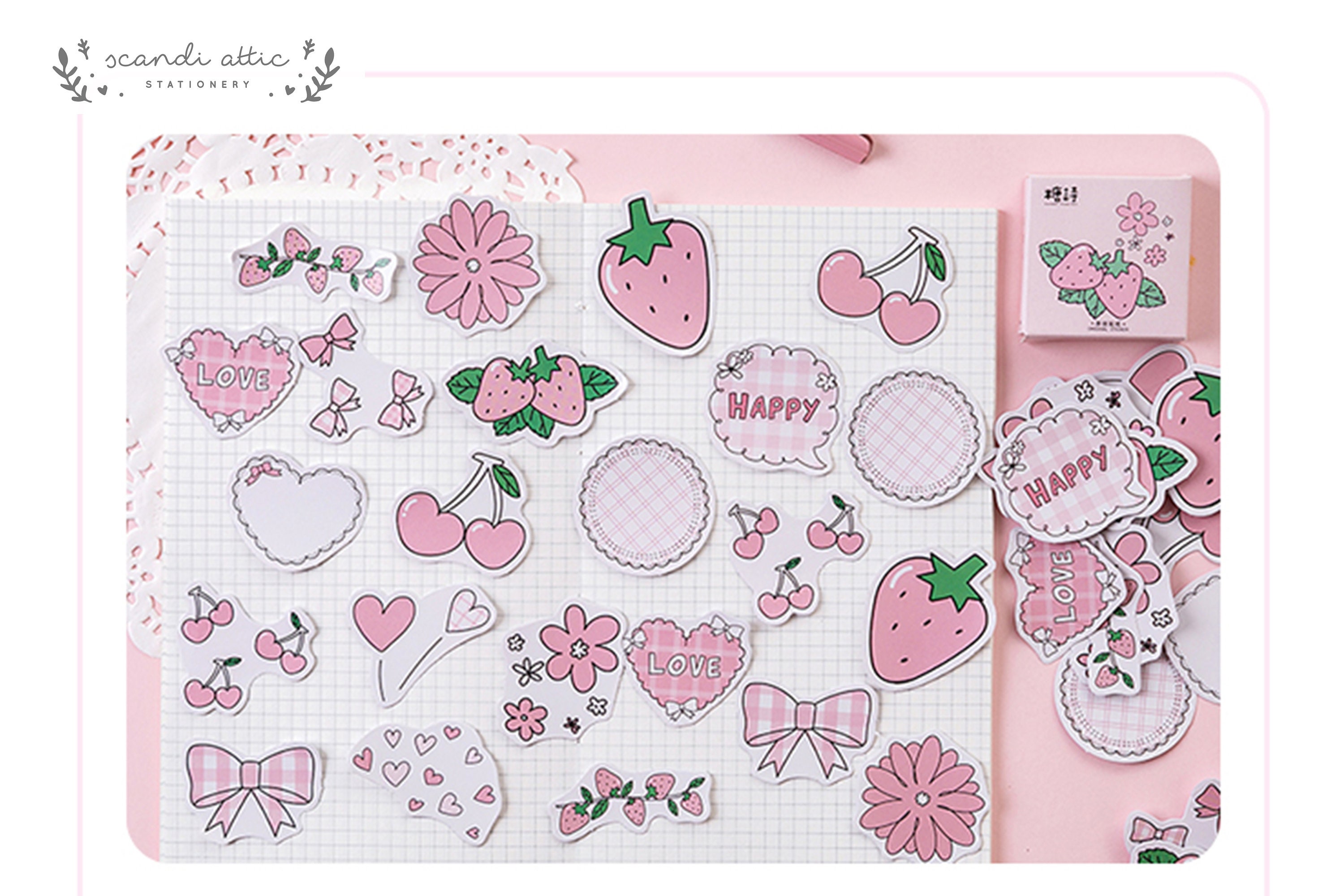 Pink Strawberry Stickers Pack 45 pcs Candy Poetry Love Heart Etsy