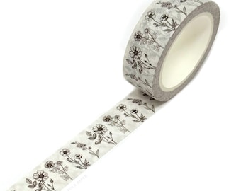 Grey Wild Flowers Washi Tape, 10m Vintage Botanical Floral Journal Tape Roll