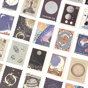May include: A selection of vintage postage stamps with celestial and astronomical designs. The stamps depict planets, moons, constellations, and solar systems in shades of blue, purple, and beige. Some stamps include text, such as "DANMARK 5.00" and "OUR SOLAR SYSTEM."