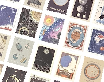 Vintage Celestial Stamps Sticker Set, 46 pcs Retro Space Faux Stamp Journal Stickers Pack