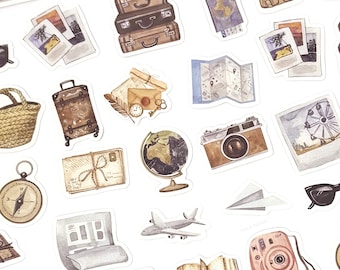 May include: A collection of travel-themed stickers featuring watercolor illustrations. The stickers include a vintage camera, suitcases, passport, map, globe, airplane, and photographs. The color palette is primarily brown, beige, and blue.
