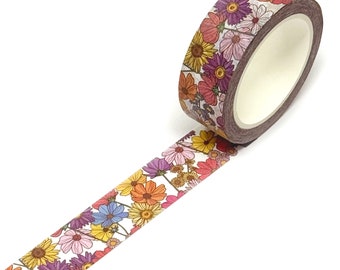 Retro Summer Flowers Washi Tape, 10m Vintage Floral Tape Roll, Summer Journaling Supplies