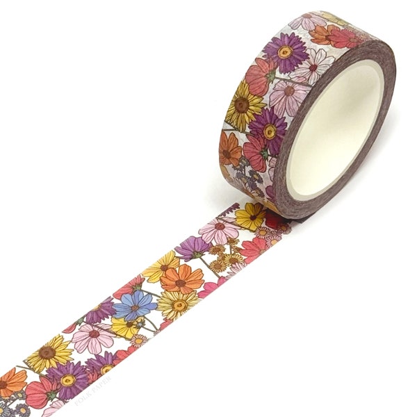 Retro Summer Flowers Washi Tape, 10m Vintage Floral Tape Roll, Summer Journaling Supplies