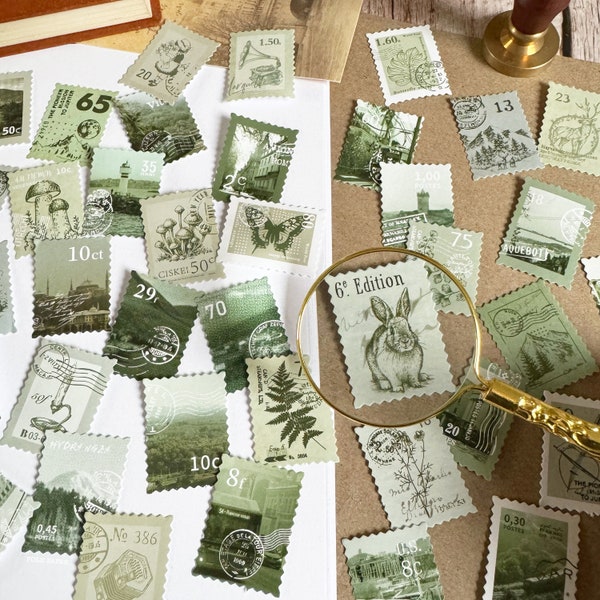 Vintage Green Stamp Stickers Set, 45 pcs Retro Post Stamps Sticker Pack, Letter Writing, Junk Journal, Scrapbook Supplies, Paper Crafts