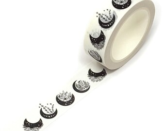 Flower Moon Washi Tape, 10m Black Floral Moons Witchy Journal Tape Roll