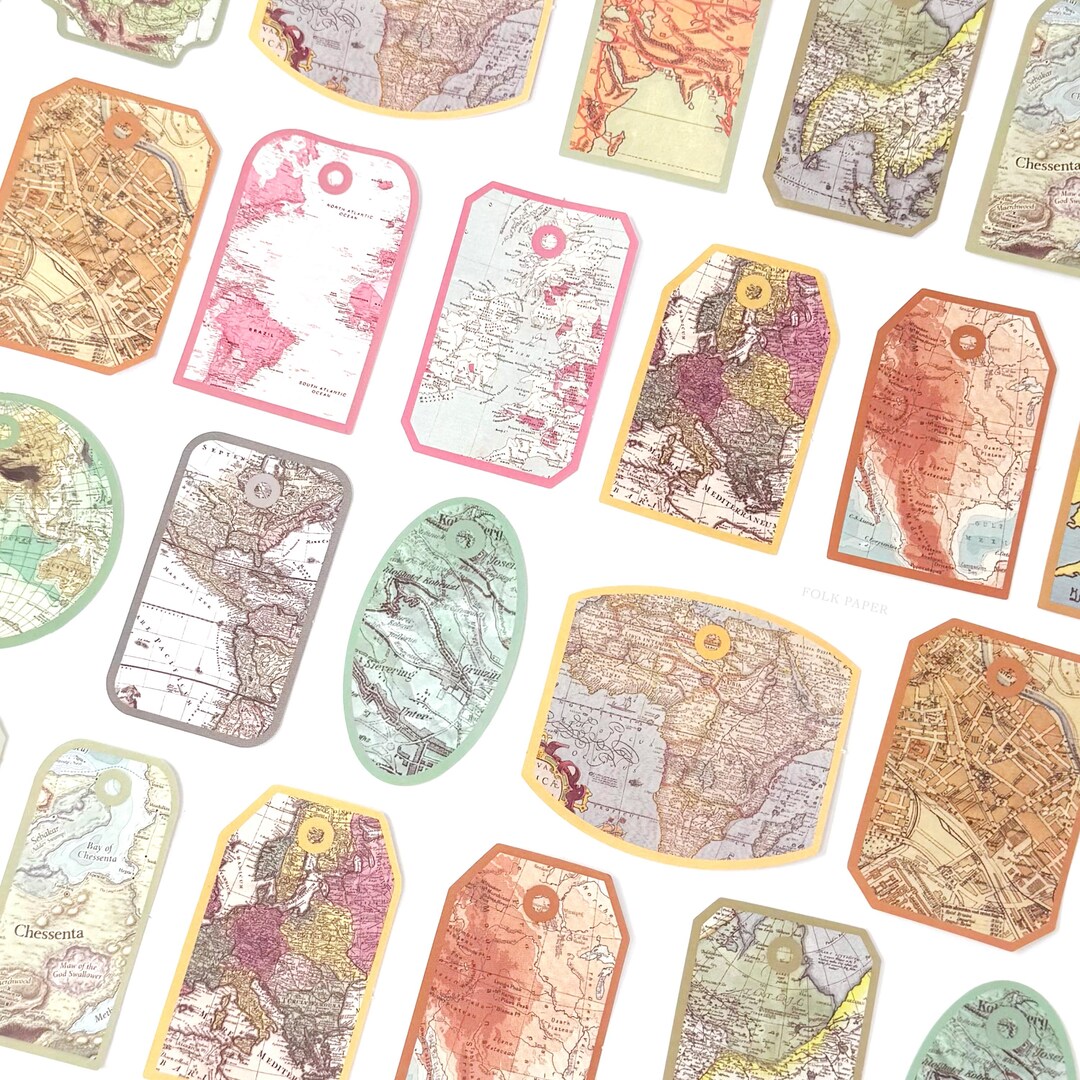 Vintage Travel Maps Tag Stickers Pack, 30 Pcs Map Travel Tags Scrapbook ...