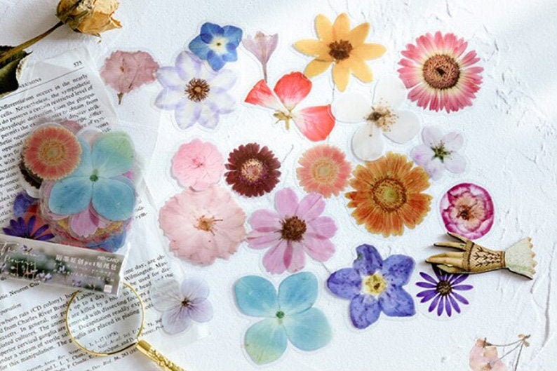 Pressed Flowers Stickers Pack 40 pcs Mo Card Plant Planner Etsy