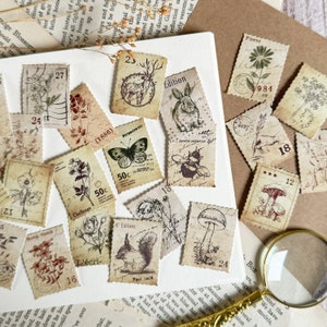 Vintage Nature Stamp Stickers Pack, 46 pcs Woodland Animal Faux Stamps Sticker Set, Junk Journaling, Scrapbooking Supplies, Letter Writing