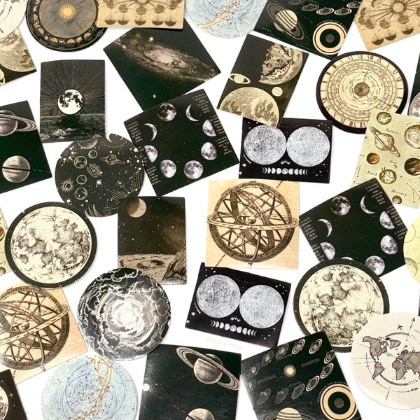 Vintage Celestial Stickers Pack, 46 pcs Space Maps and Moon Phase Paper Sticker Set, Journal Supplies