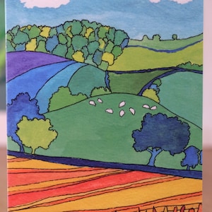 Kornfeld-Grußkarte von meinem Originalgemälde. 6x4 hochwertige digital gedruckte Karte Landschaft von Kornfeld mit sanften Hügeln