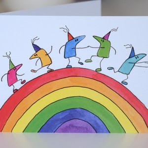 NIEUW!! Beaklets danskaart! Digitale gedrukte kaart van 6 x 4 kwaliteit dansende regenboog snavels ontleend aan het originele schilderij blanco verjaardag lockdown