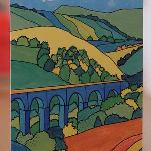 Viadukt Grußkarte von meinem Originalgemälde. 6x4 hochwertige digital gedruckte Karte Landschaft von Viadukt und sanften Hügeln in Yorkshire