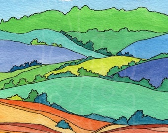Print 'Orange Striped Landscape' from original gouache painting giclee landscape