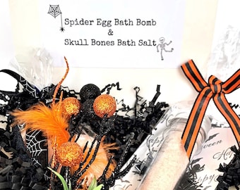 Halloween Spa Box, Skull Bones Bath Salt and Spider Egg Bath Bombs, Trick or Treat Gift for Women