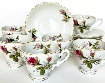 Vintage Demitasse Cups and Saucers, Hand Painted Bond China