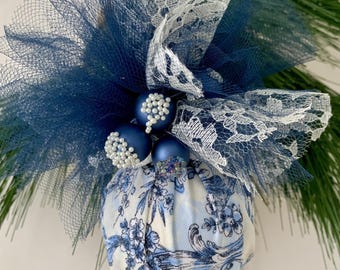 Blue and White Christmas Ornament, Toile Fabric Christmas Ball, French Provincial Style
