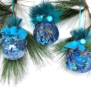 Teal Blue Ornaments, Peacock Fabric Christmas Balls, Festive Holiday Decor