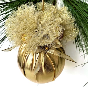 Gold Christmas Tree Ornaments, Glitzy Gold Large Fabric Ball, Glam Gift for Her