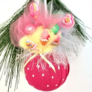 Candy Christmas Ornament, Pink Christmas Ball with Cupcake and Ice Cream, Gift for Baker