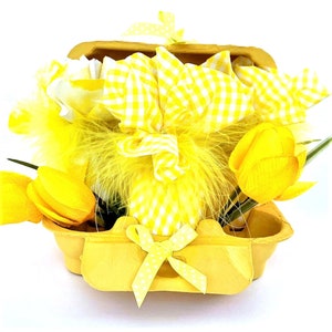 Easter Gift for Women, Tulip Arrangement with Yellow Easter Eggs in Egg Carton