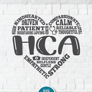Peut inclure: Un fichier de découpe numérique avec le mot "Occupations" au-dessus d'un graphique en forme de cœur. Le cœur contient les lettres "HCA" et des mots comme "Kindhearted", "Compassionate" et "Strong". Le design est sur un fond de briques blanches.