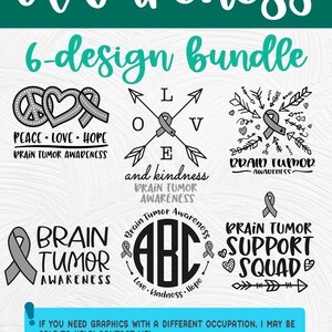 Peut inclure: Un ensemble de six designs numériques pour la sensibilisation au cancer du cerveau. Les designs présentent un ruban gris, un symbole de paix, un cœur, des flèches et les lettres "LOVE" et "ABC". Le texte "Sensibilisation au cancer du cerveau" apparaît dans plusieurs des designs.