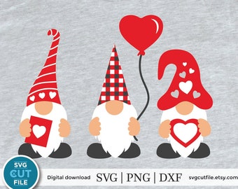 May include: Three gnomes with red, white, and black hats holding hearts. The gnome in the middle has a checkered hat and is holding a red heart balloon. The gnomes are on a gray background.