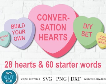 Gespreksharten svg, snoep hart Valentijn, bouw je eigen, doe-het-zelf afdrukbare, grappige Valentijnsdag svg, lege gespreksharten svg