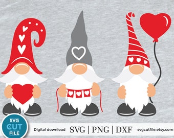 May include: Three Valentine's Day gnome designs in red and gray. One gnome holds a heart, another has a heart on its hat and belt, and the third holds a heart-shaped balloon. The image includes the text "SVG CUT FILE".