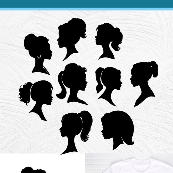 Doll head svg bundle, girly svg, african american girl, diverse silhouette, female girl head, ponytail svg, side svg dxf png, woman head svg