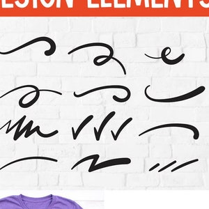 May include: A set of 12 hand-drawn design elements in black on a white background. The elements include swirls, lines, and squiggles. The text "Your Word" is written in white on a purple t-shirt.