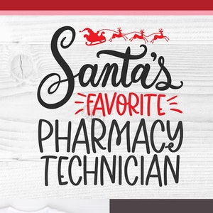 May include: A white t-shirt with a red and black graphic that says "Santa's Favorite Pharmacy Technician". The graphic includes a red sleigh with reindeer and a white background. The t-shirt is on a table with a plaid shirt, blue jeans, and a pair of brown shoes.