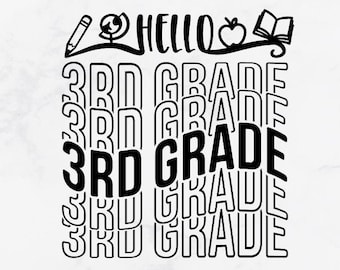May include: A digital download of a SVG cut file design for a t-shirt that says "Hello 3rd Grade" with a pencil, apple, and book graphic. The text is repeated five times in a stacked, offset design.