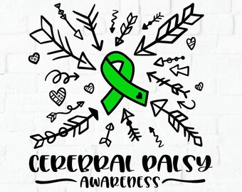 May include: A digital download of a green ribbon with arrows and hearts surrounding it. The text "Cerebral Palsy Awareness" is below the ribbon. The image is on a white background.