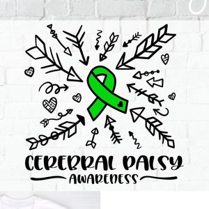 May include: A digital download of a green ribbon with arrows and hearts surrounding it. The text "Cerebral Palsy Awareness" is below the ribbon. The image is on a white background.