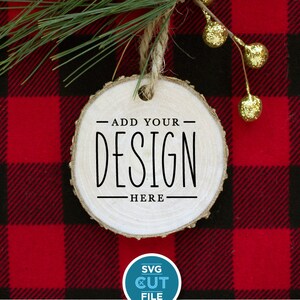 Round Wood Ornament Mockup, Natural wood slice, christmas ornament mockup, twine jute string mockup, wooden buffalo plaid ornament jpg