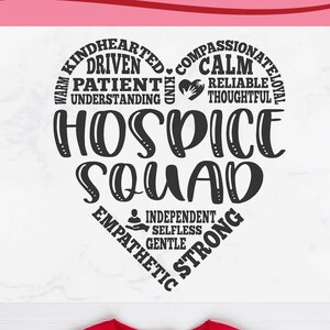 May include: A red long-sleeved shirt with a black heart-shaped design. The heart is filled with text that reads "Hospice Squad" and includes words like "Kindhearted", "Compassionate", "Driven", "Patient", "Understanding", "Calm", "Reliable", "Thoughtful", "Independent", "Selfless", "Gentle", "Empathetic", and "Strong".