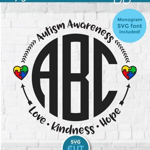 Puede incluir: Un diseño digital para la concienciación sobre el autismo. El diseño presenta un monograma negro con las letras ABC, rodeado de las palabras "Autism Awareness", "Love", "Kindness" y "Hope". Incluye un rompecabezas en forma de corazón y el texto "SVG CUT FILE".