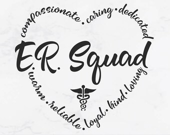 May include: A red long-sleeve shirt with a white heart-shaped design that says "E.R. Squad" with medical symbol. The image also includes text that says "Occupations" and "SVG Cut File Essentials".