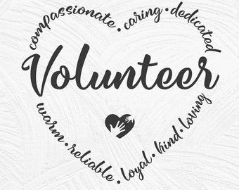 Peut inclure: Un téléchargement numérique d'un design en forme de cœur avec le mot "Volunteer" au centre. Le cœur est entouré de mots décrivant les qualités d'un bénévole, tels que "compassionné", "attentionné", "dévoué", "chaleureux", "fiable", "loyal", "gentil" et "aimant".