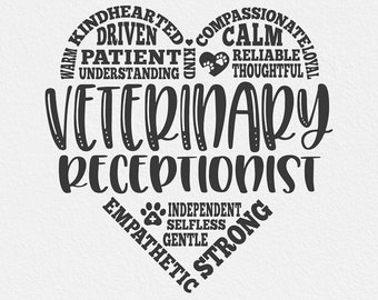 Może przedstawiać: Czarno-biały projekt graficzny serca z napisem "Veterinary Receptionist" w środku. Serce jest otoczone słowami opisującymi cechy recepcjonistki weterynaryjnej, takimi jak "życzliwy", "współczujący", "zaangażowany", "cierpliwy", "wyrozumiały", "spokojny", "godny zaufania", "troskliwy", "niezależny", "bezinteresowny", "łagodny", "silny" i "empatyczny".