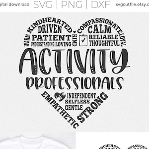 Puede incluir: Un diseño gráfico en blanco y negro de un corazón con las palabras "Activity Professionals" en el centro. El corazón está rodeado de palabras que describen rasgos de personalidad positivos, como "Corazón bondadoso", "Impulsado", "Paciente", "Calmado", "Confiable", "Pensativo", "Independiente", "Desinteresado", "Amable", "Empático" y "Fuerte".